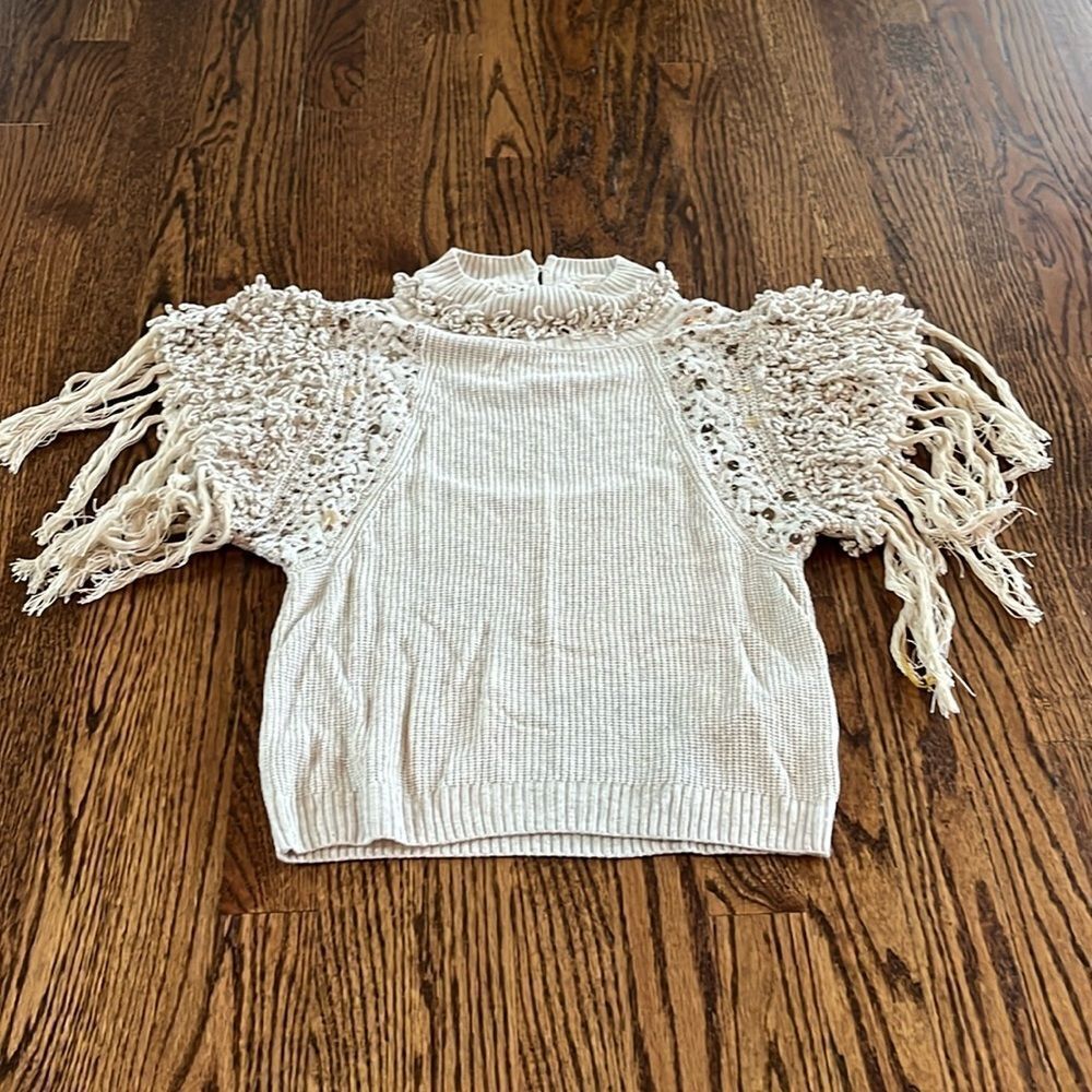 Anthropologie Fringe Sleeved Ivory Knit Blouse Top size Small - Picture 3 of 6